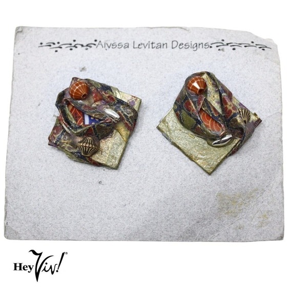 Vintage 90s Alyssa Levitan Handcrafted Earth Tone Origami Pierced Earrings Card - Picture 1 of 4